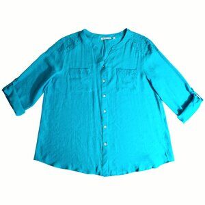 Notations Women's Blue Lace Shoulder Roll Up Sleeves Button Up Blouse XL X-Large